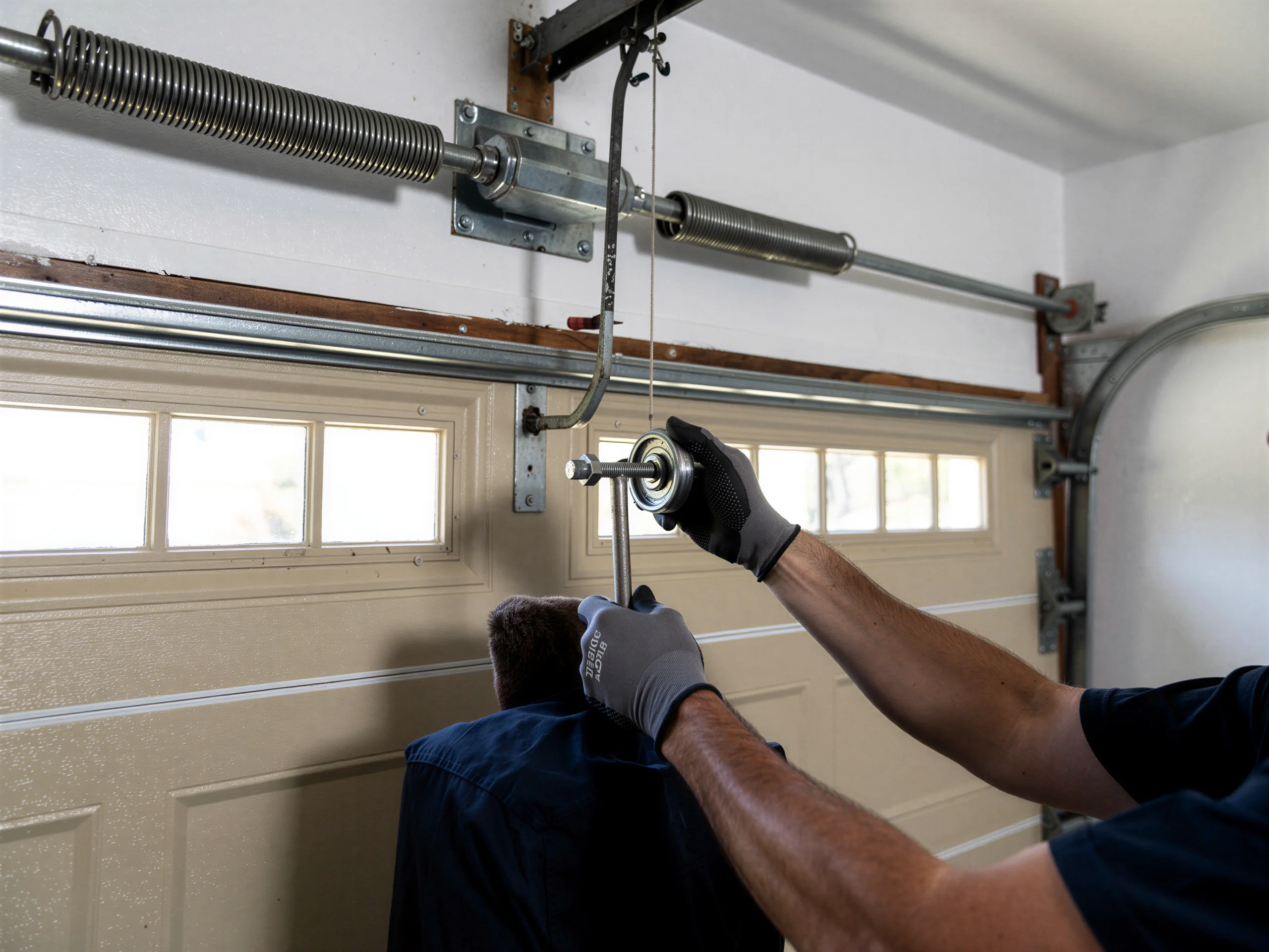 A technician adjusts the torsion spring and cable drum of a garage door.