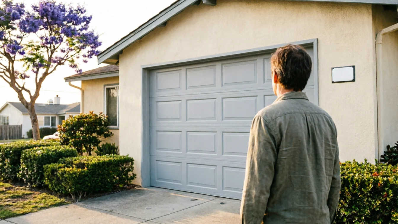 A man stands facing a light gray garage door on a beige house.