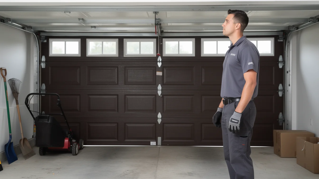 A technician stands in a garage looking at a closed brown garage door.