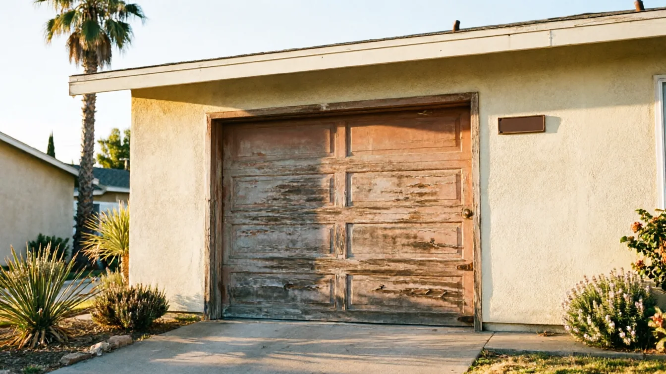 A weathered wooden garage door with peeling paint is on a stucco house.