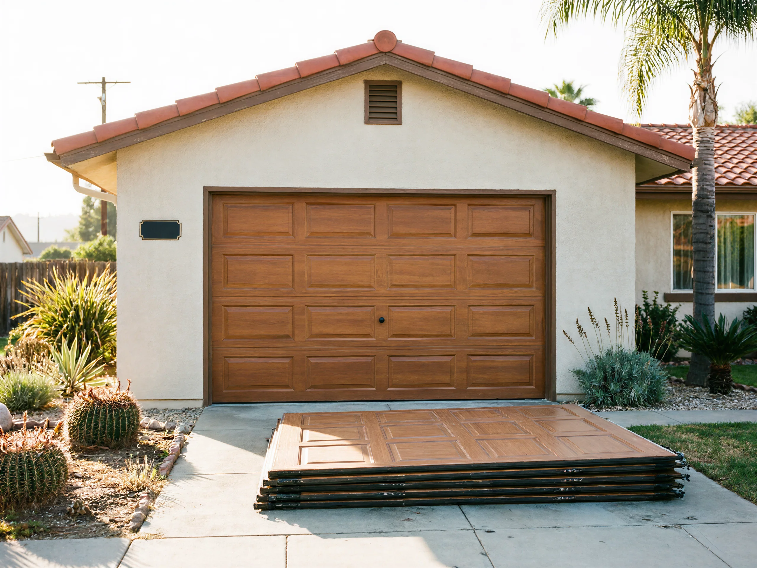 A brown garage door is on a house with stacked brown panels on the driveway.