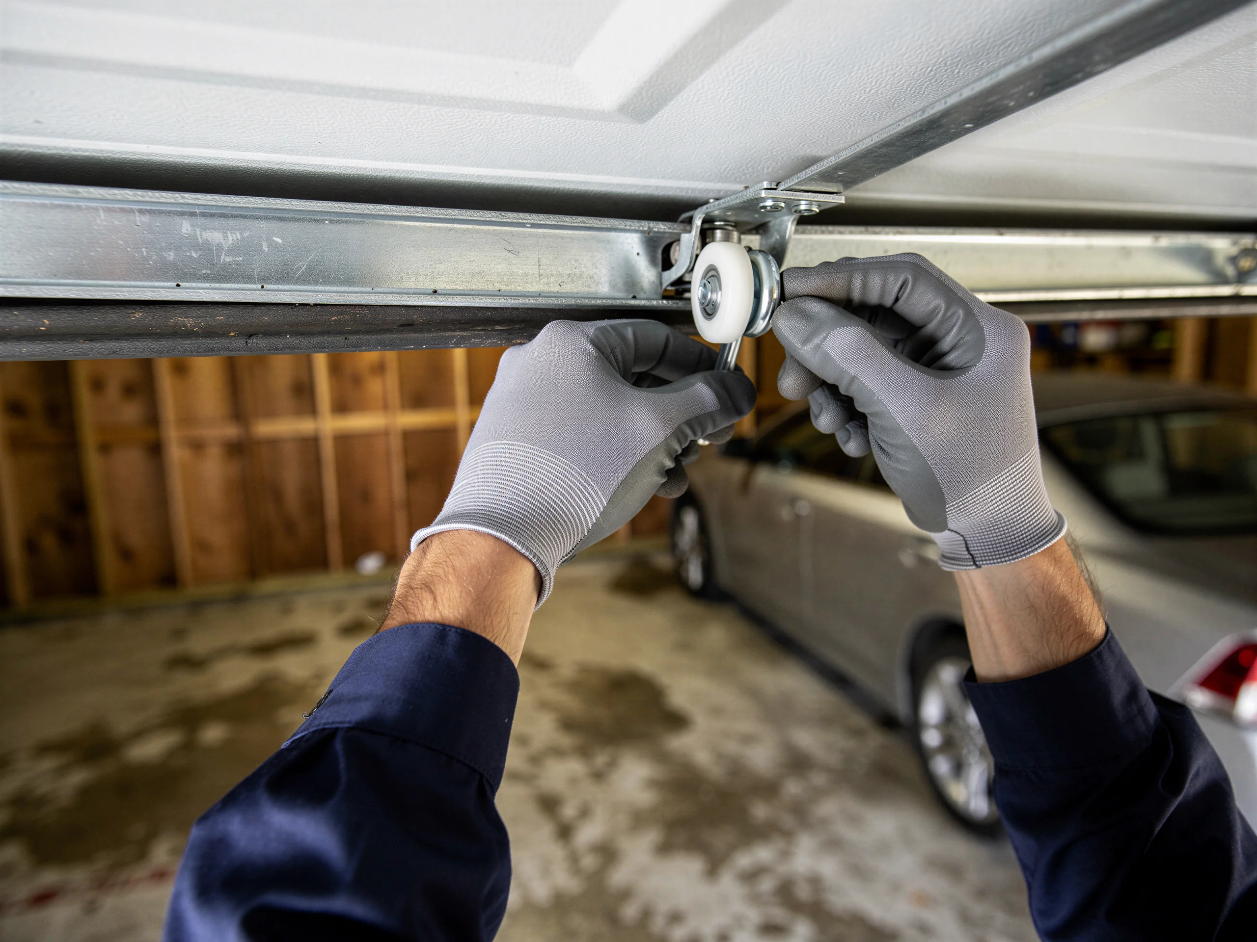 A technician in gloves is installing a new roller on a garage door.