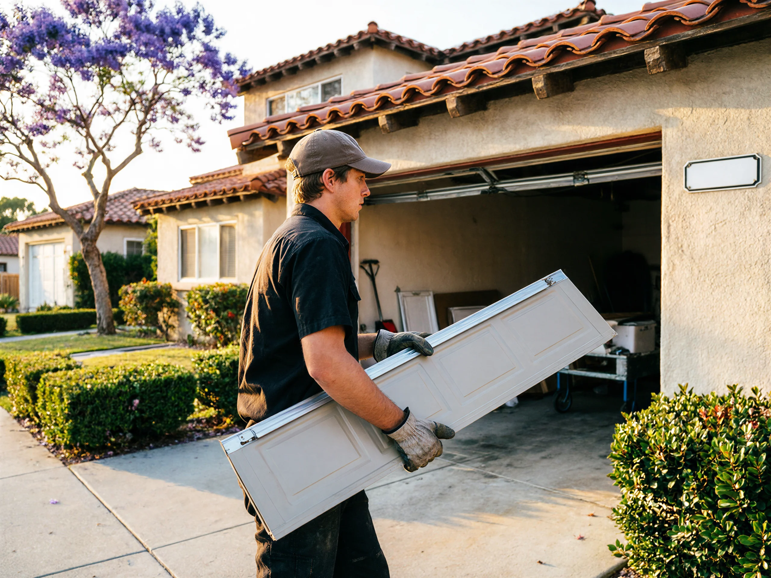 A technician carries a garage door panel in front of a house with an open garage.