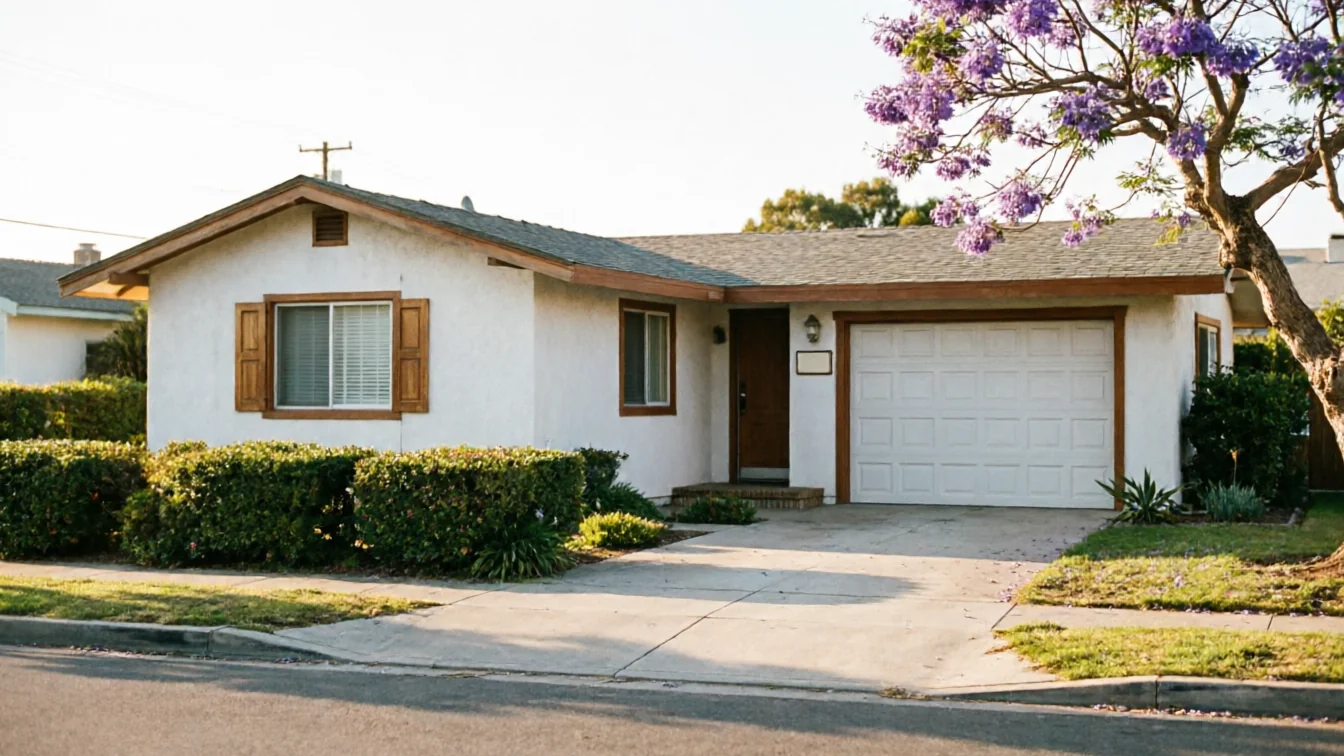 A white house with a brown trim garage door and a purple flowering tree.